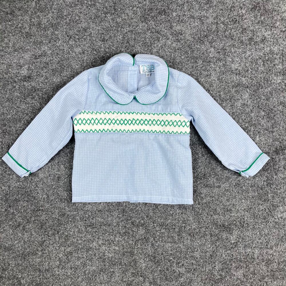 Light Blue Long Sleeve Smocked Peter Pan Collar Top with Green Trim